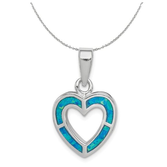 Silver and Created Blue Opal Open Inlay Heart 15mm Necklace - 18 In